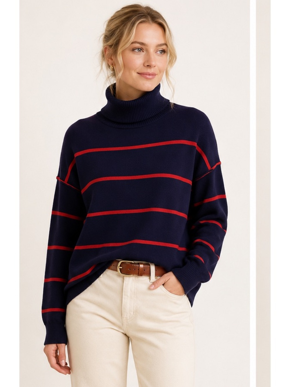 Olive+Oak Women’s Navy Turtleneck Preppy Cozy Old Money Sweater W/Red Stripes XS